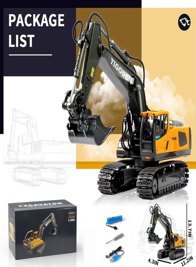 Junona Remote Control Excavator Toy 11 Channel Rc Excavator Truck Toys 1/18 Scale 2.4Ghz Construction Vehicles with Metal Shovel 680° Rotation Lights & Sounds for Kids Boys Age 4-10 Years - Image 2